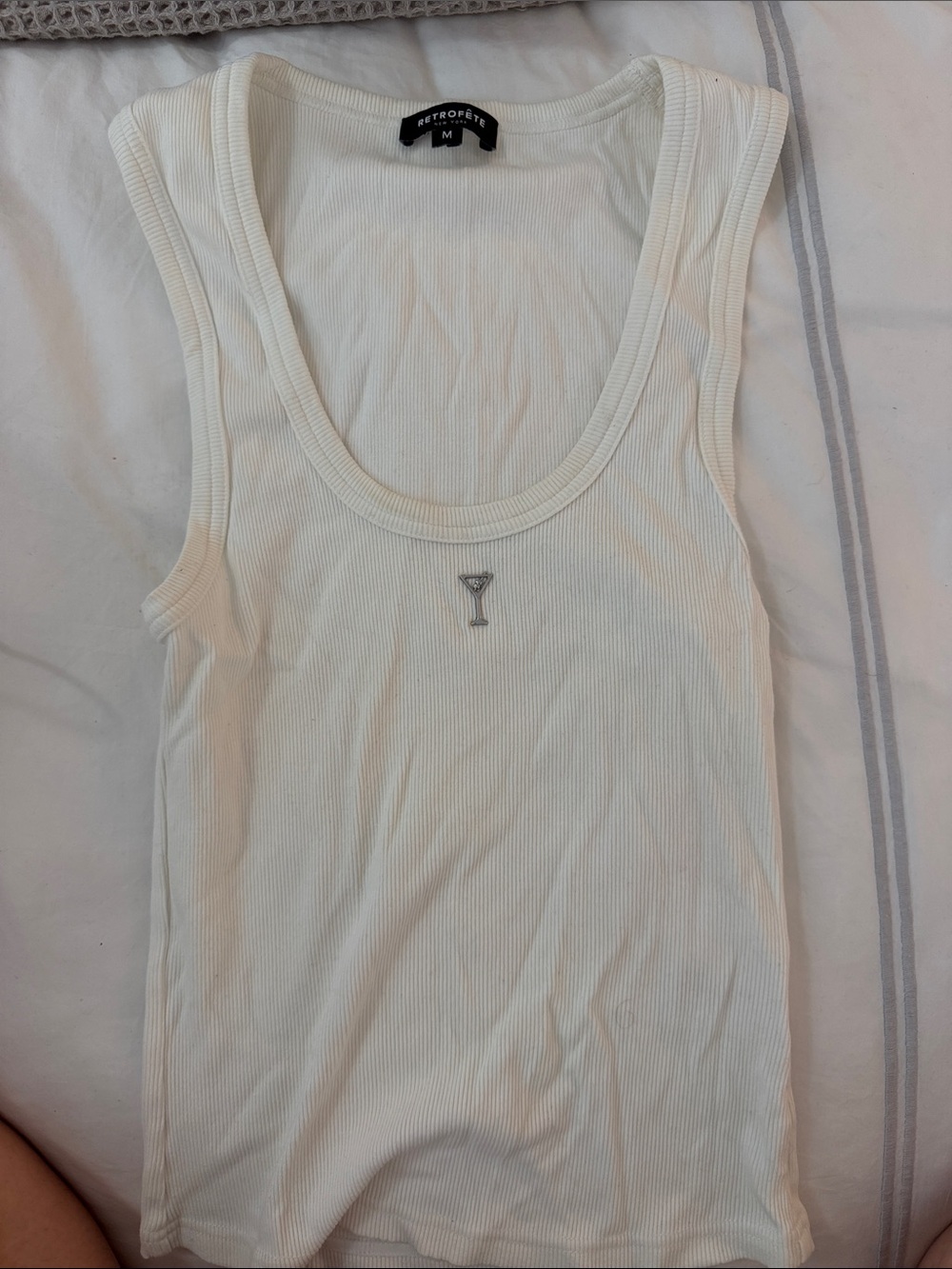 Retrofete White Ribbed Tank Top with Martini Glass Charm